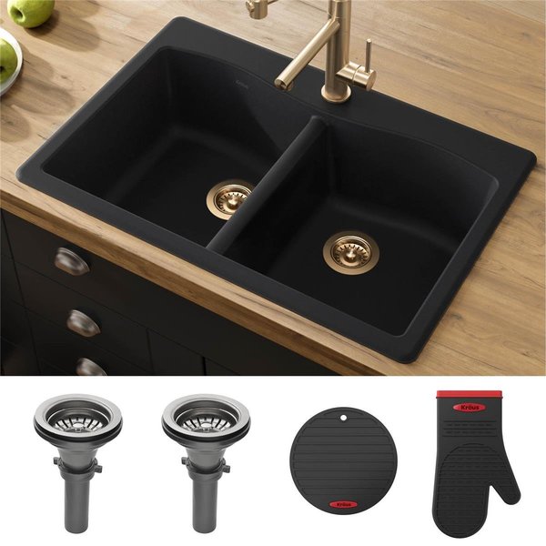 Cheftool 33 in. Dual Mount 50 to 50 Double Bowl Granite Kitchen Sink; Black CH650954